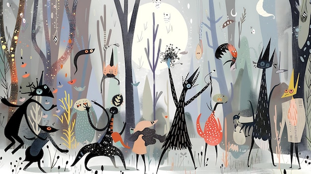 Whimsical and enchanting digital painting of a forest scene featuring a group of mysterious creatures engaged in a playful dance