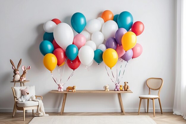 Whimsical Balloon Animals Wall Mockup con tela bianca vuota per posizionare il tuo disegno