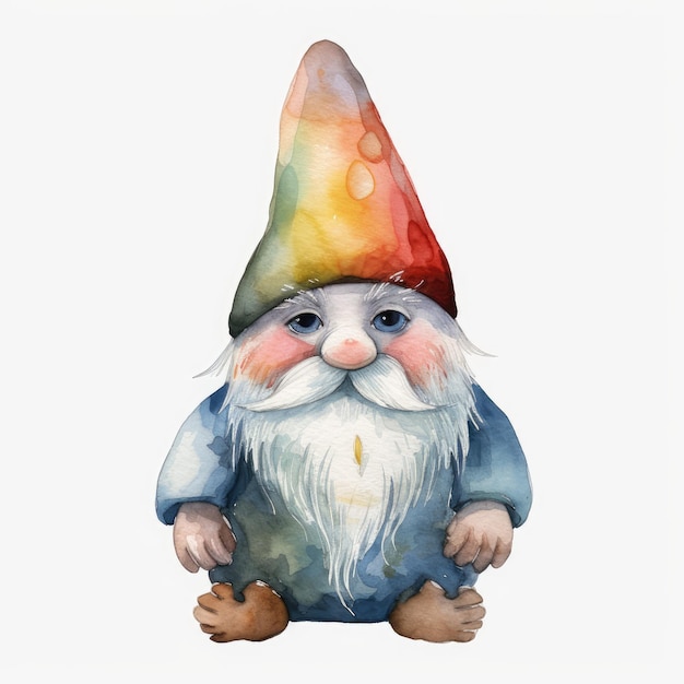 Whimsical Gnome Cartoon in acquerello pastello su sfondo bianco