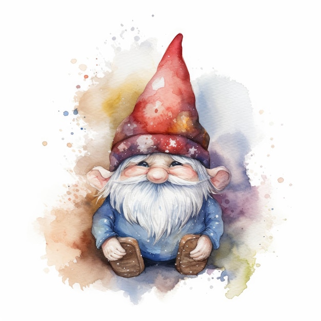 Whimsical Gnome Cartoon in acquerello pastello su sfondo bianco