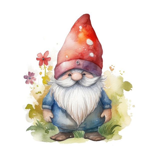 Whimsical Gnome Cartoon in acquerello pastello su sfondo bianco