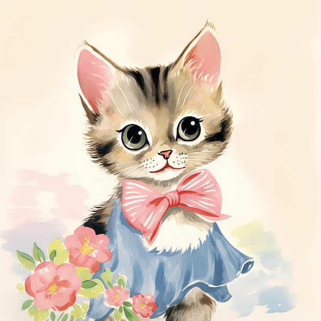 Whimsical Kitty 50s Vintage Kitsch Cat Illustration Clipart