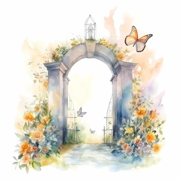 Whimsical primavera acquerello illustrazione del giardino floreale Arbor con ghirlanda e farfalle