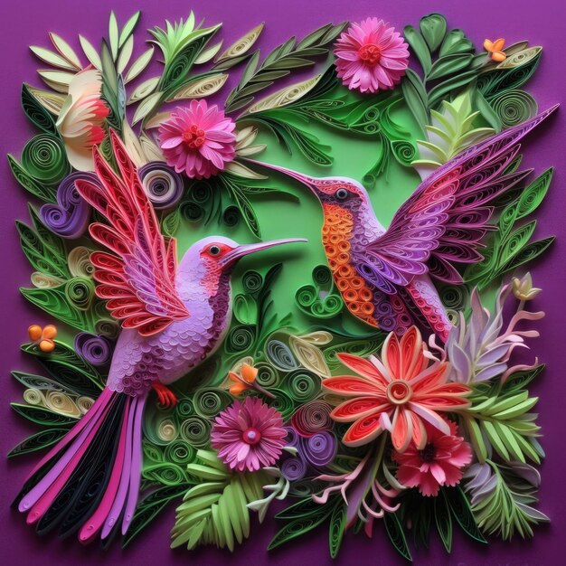 Whimsical Quilled Hummingbirds Giardino floreale Creato utilizzando strumenti di intelligenza artificiale generativa
