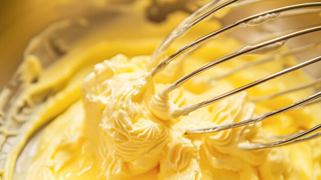 Whisk in ciotola con burro di batteria giallo cremoso o crema di burro casalinga e cibo tradizionale della vita di campagna