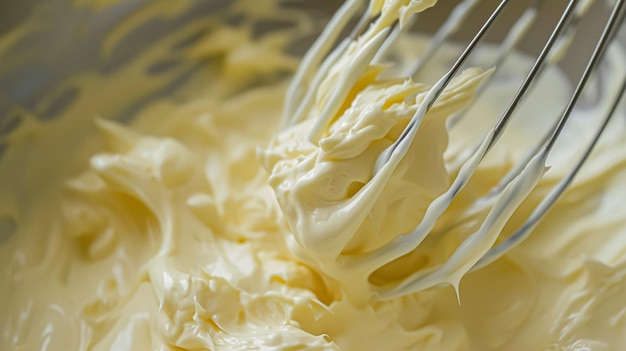 Whisk in ciotola con burro di batteria giallo cremoso o crema di burro casalinga e cibo tradizionale della vita di campagna