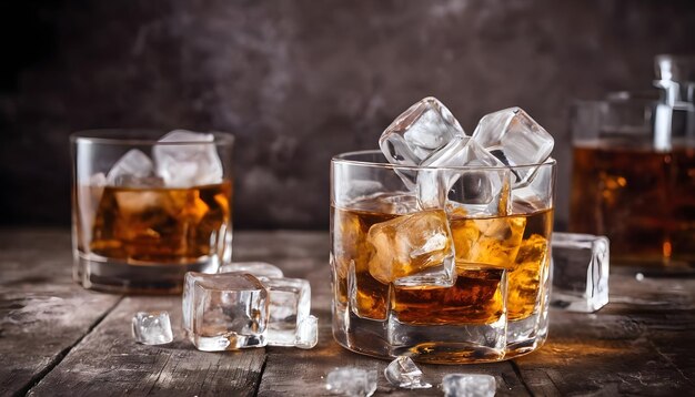 Whiskey con ghiaccio su uno sfondo rustico