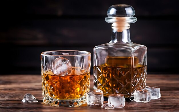 Whiskey con ghiaccio una bottiglia di rum tequila