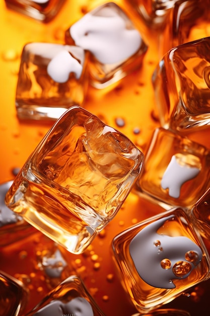 Whiskey fluido sfondo liquido natura morta di lusso di bicchiere di whisky con cubetto di ghiaccio