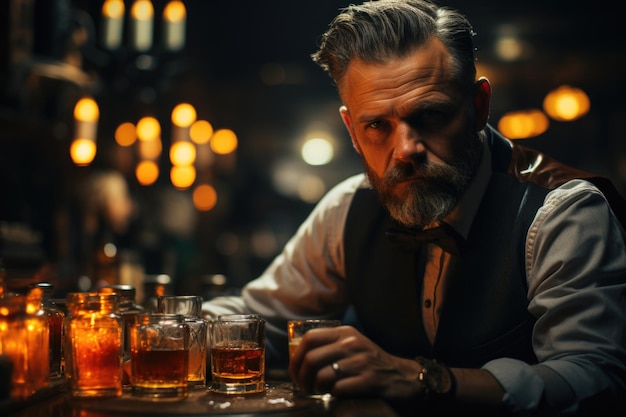 Whiskey Sour in un bar affollato con un esperto mixologo generativo IA