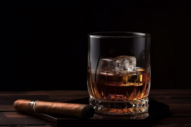 Whisky con ghiaccio e un sigaro AI Generato