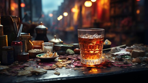 whisky con ghiaccio in un bicchiere sul tavolo