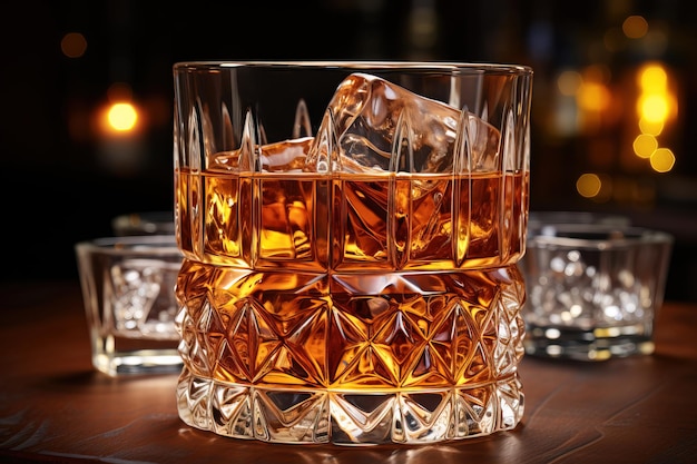 Whisky con ghiaccio in un elegante bicchiere su un tavolo di legno