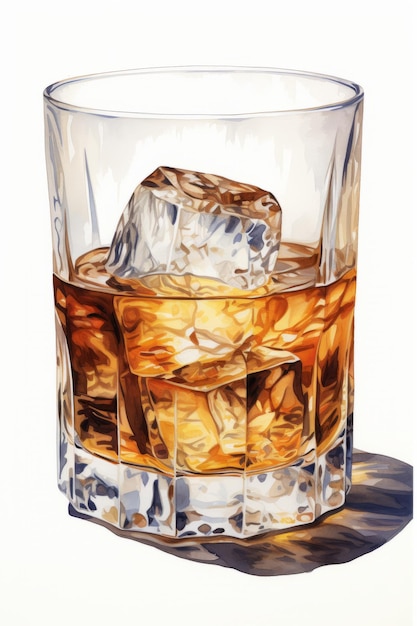 Whisky con ghiaccio su sfondo bianco Illustrazione ad acquerello