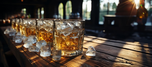 whisky con ghiaccio su un tavolo di legno AI generativo