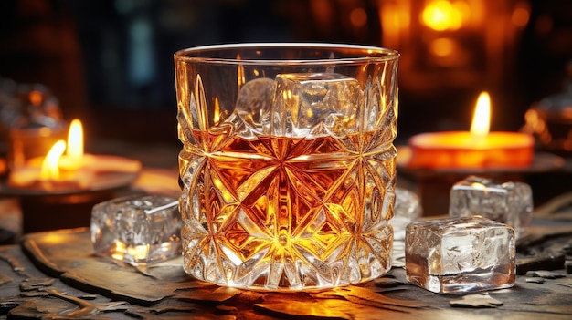 Whisky di lusso in un bicchiere lucido su un tavolo antico