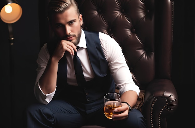 Whisky elegante L'uomo con la barba tiene un bicchiere di brandy Uomo d'affari barbuto in abito elegante con whisky