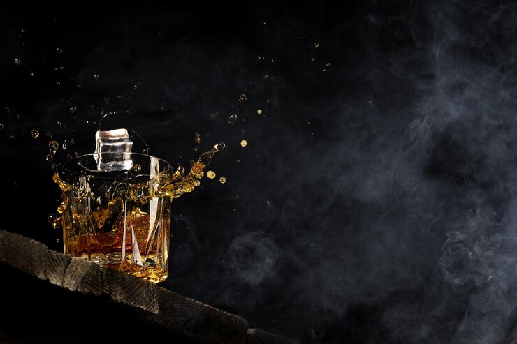 Whisky in un bicchiere su sfondo nero su un tavolo di legno.