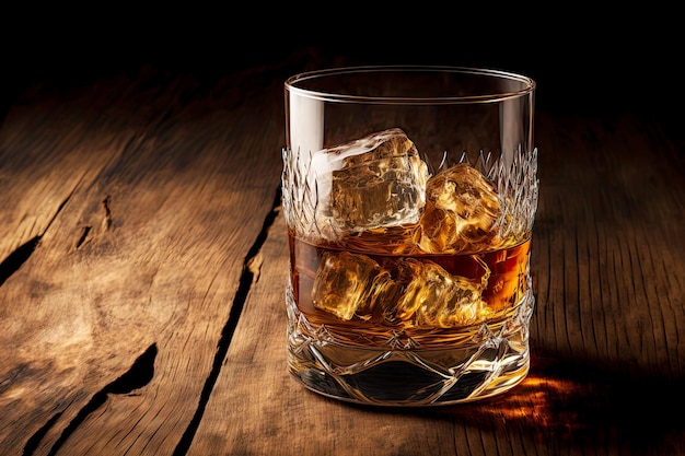 Whisky scozzese in bicchiere di whisky con ghiaccio su sfondo di legno