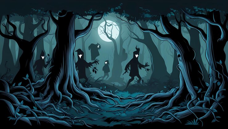 Whispering Woods a dark forest with a full moon and trees