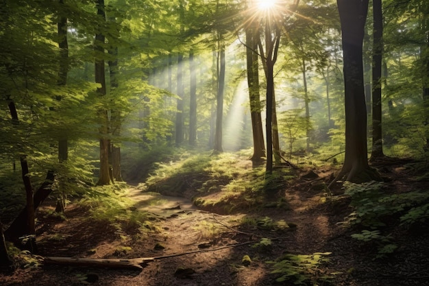 Whispering Woods sereno panorama di una foresta mistica con i raggi del sole che filtrano attraverso il baldacchino