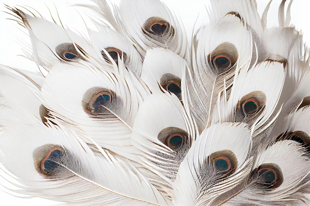 White albino piume di pavone primo piano su sfondo bianco isolato disegno sfondo copia spazio IA generativa