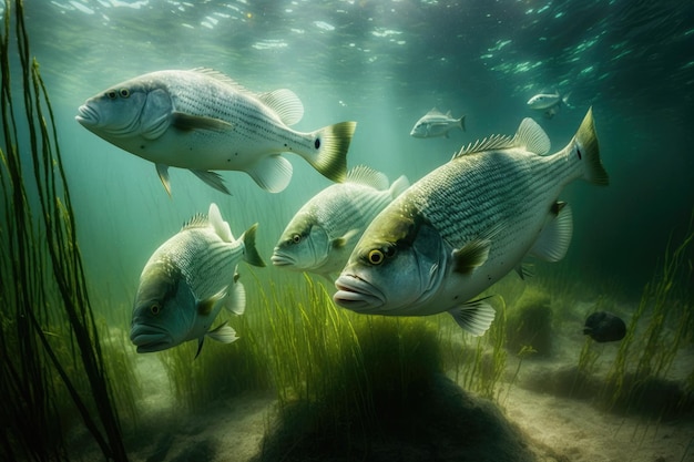 White Bass Fish Underwater Lush Nature di Generative AI