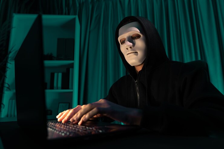 Foto white criminal anonimo maschera installando codifica password crittografia pecuniary