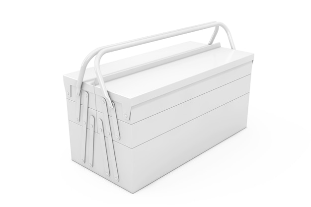 White Metal Classic Toolbox in stile argilla su sfondo bianco. Rendering 3D