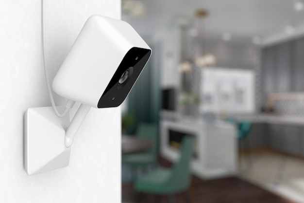 White Modern Web Camera su un rendering 3d della parete della stanza bianca