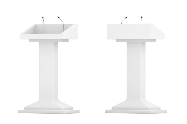 White Podium Tribune Rostrum Stand con microfoni su sfondo bianco