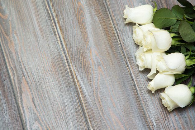 White Rose Un bouquet di rose delicate su uno sfondo bianco Posto per il primo piano del testo Sfondo romantico per le vacanze di primavera