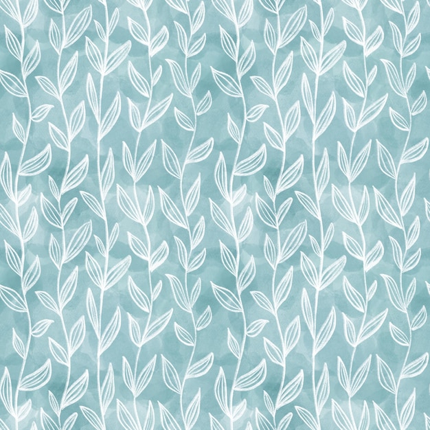 White stems and white leaves on blue background. Digital watercolor style seamless pattern.