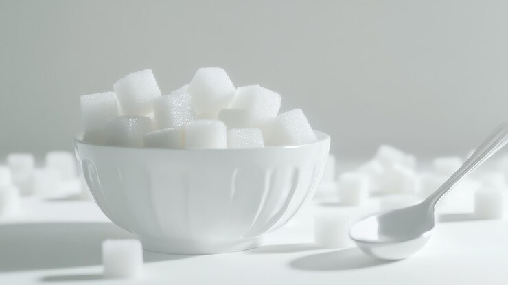 White sugar cubes in a bowl with scattered cubes on a light background