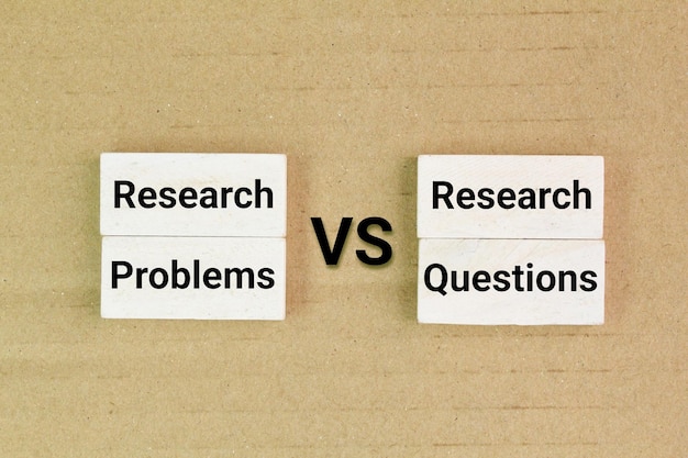 White wood with the words Research Problem vs Research Questions lies in their scope and purpose in