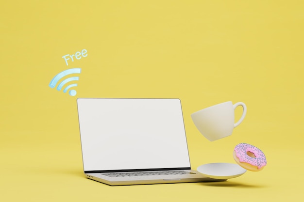 WiFi gratuito nel caffè Icona WiFi gratuita per laptop tazza di caffè e ciambella su sfondo giallo rendering 3D