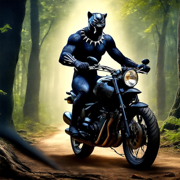 Wild Adventure Ride Mighty Black Panther Vagando per la foresta su una motocicletta