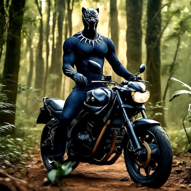 Wild Adventure Ride Mighty Black Panther Vagando per la foresta su una motocicletta