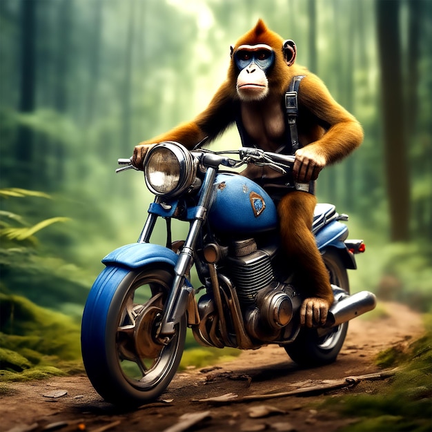 Wild Adventure Ride Mighty Monkey che vaga per la foresta su una motocicletta
