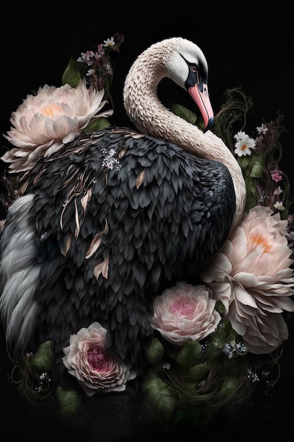 Wild Bird Swan fiori rosa Arte digitale AI