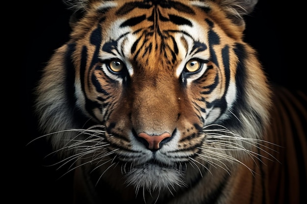 Wild Furry Tiger Face in primo piano su sfondo nero IA generativa