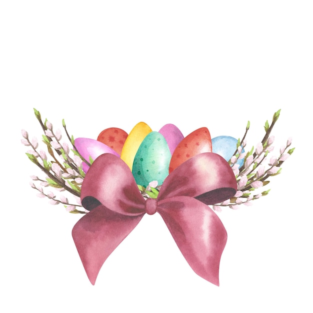 Willow pussy nest acquerello con uova colorate fiocco rosso isolato su bianco Disegno a mano dell'illustrazione di Pasqua