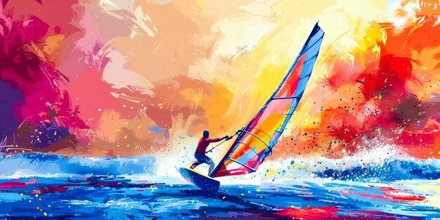 Windsurfista che cavalca le onde in un'opera d'arte vibrante