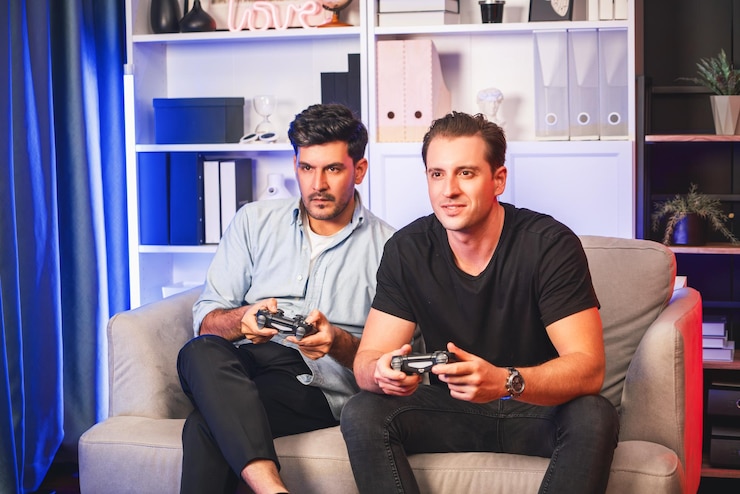 Photo winner and loser players of buddy friend gamers playing video game sellable