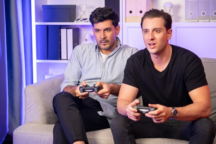Photo winner and loser players of buddy friend gamers playing video game sellable