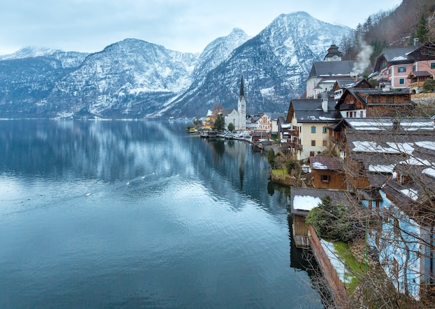 Winter Alpine Hallstatt Town and lake Hallstatter See view (Austria)