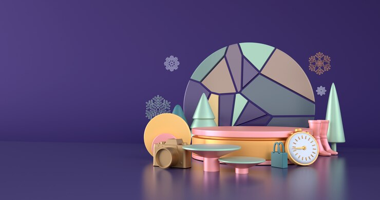 Winter shopping ideas and rose gold podium on a blue background.