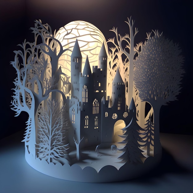 Winter Snow Night Papercut Castle Forest Generative AI Paper Style Building Architecture Polygonal Art Seasonal Diorama