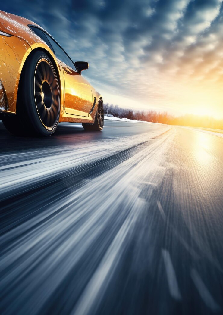 Winter snowy car tires in the snowing winter season on wet road Generative Ai
