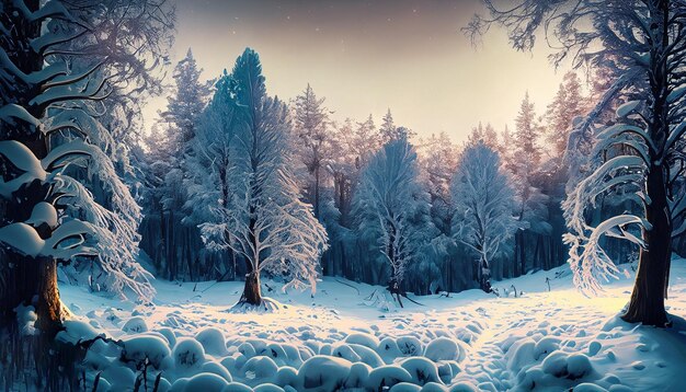 Winter snowy park frosty sunset 3d rendering